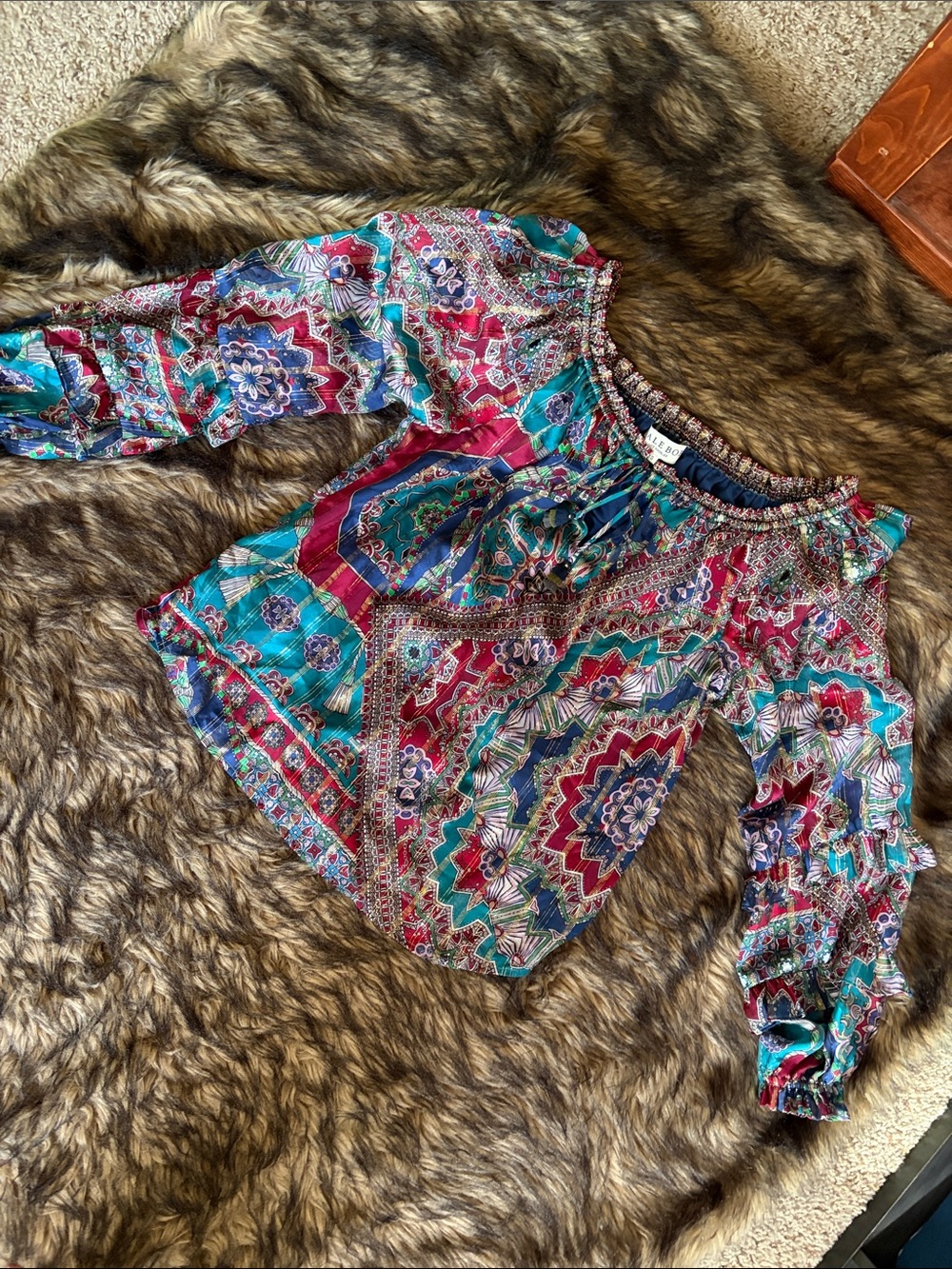 Hale Bob Teal & Maroon Golden Sparkling Patterned Boho Peasant Top Size Small